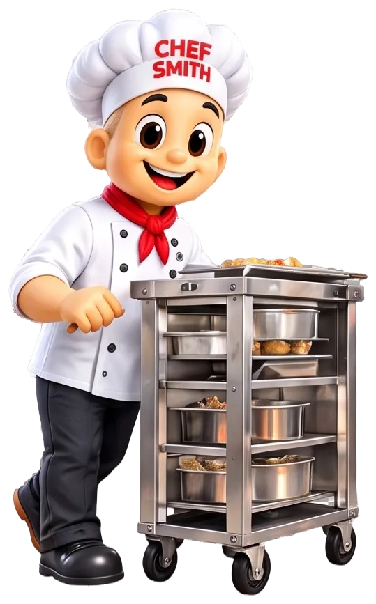 Chef Smith mascot pushing a stainless steel kitchen trolley
