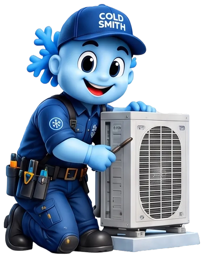 Cold Smith mascot servicing an outdoor air-conditioning unit