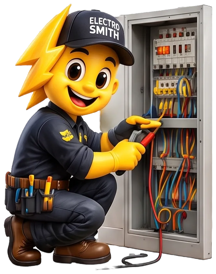 Electro Smith mascot testing a distribution board