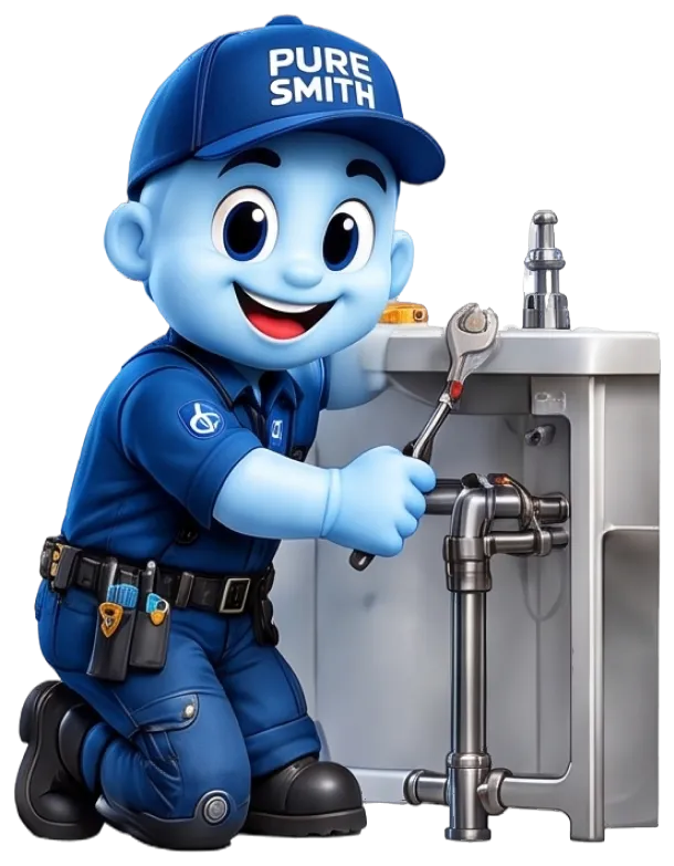 Pure Smith mascot working on the pipes under a sink