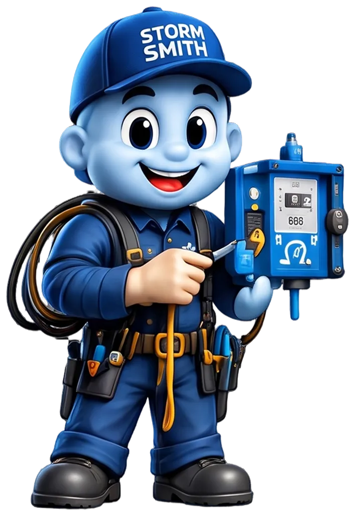 Storm Smith mascot testing a surge protection unit